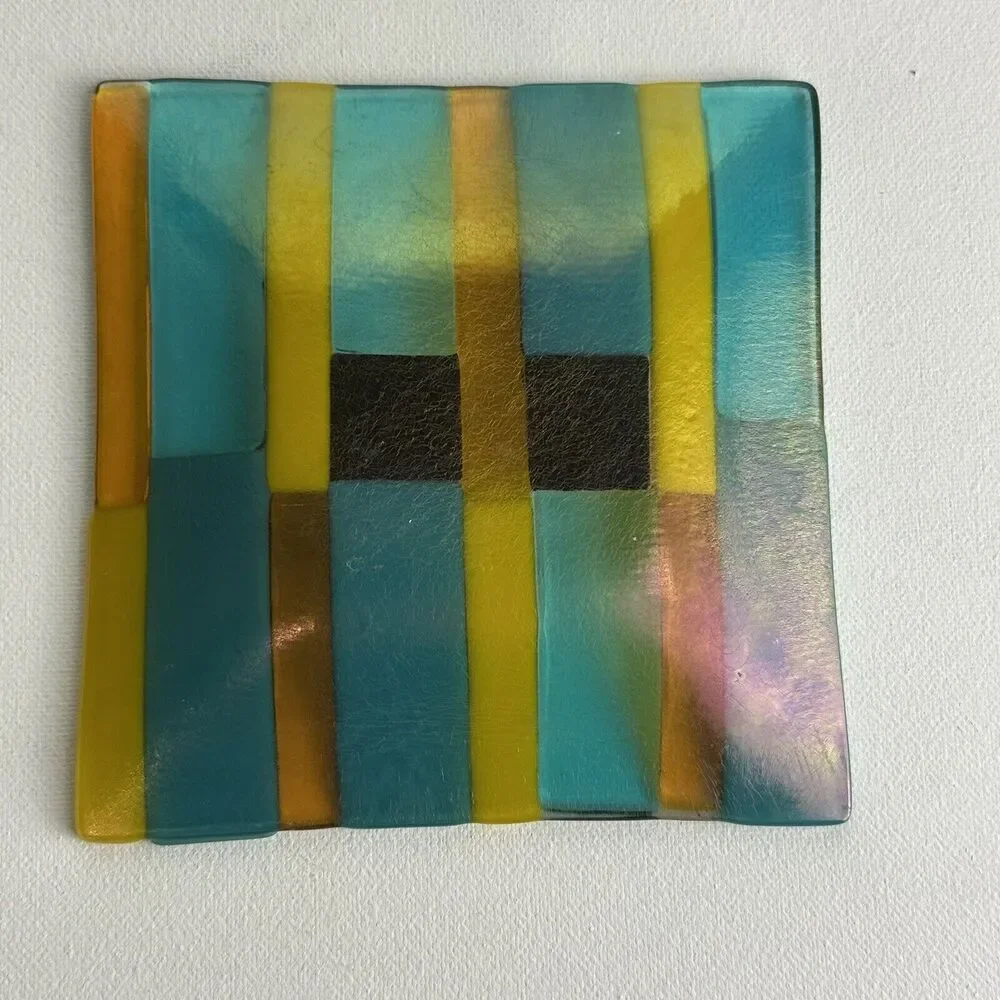 Colorful abstract Pattern Fused Art Glass Trinket Dish Tray 6” square